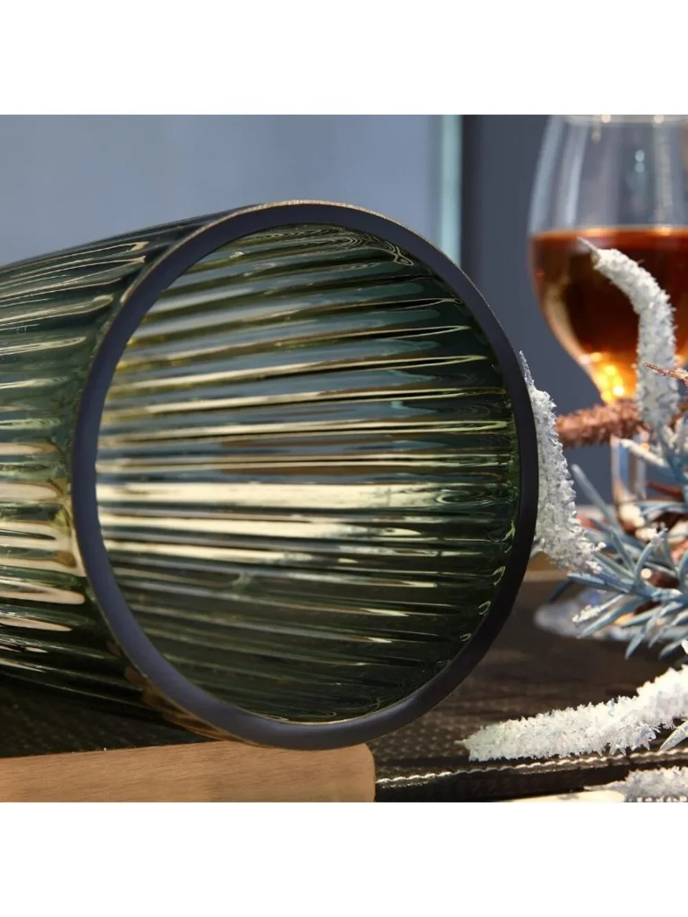 Large Ribbed Green Glass Vase - Perfect for Farmhouse Dining Table Centerpieces